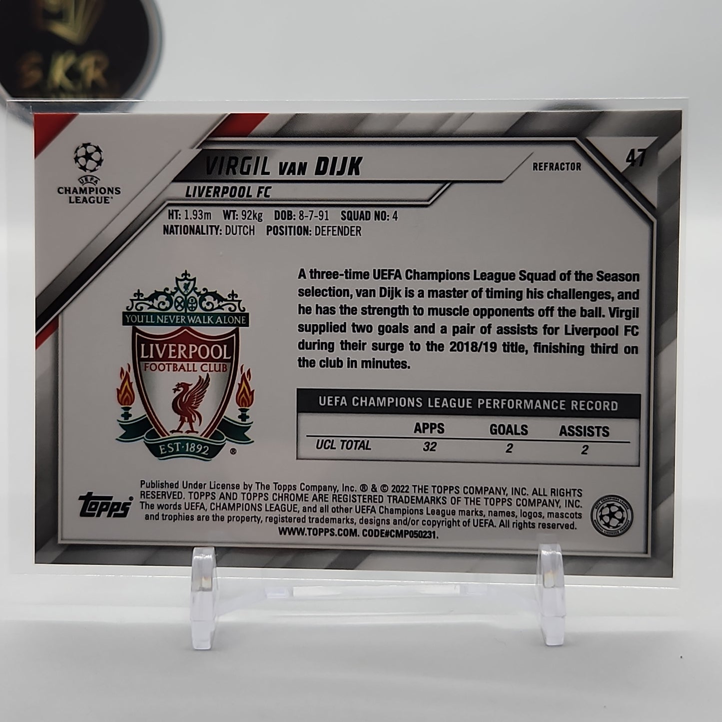Virgil Van Dijk Silver Chrome Refractor Card #47