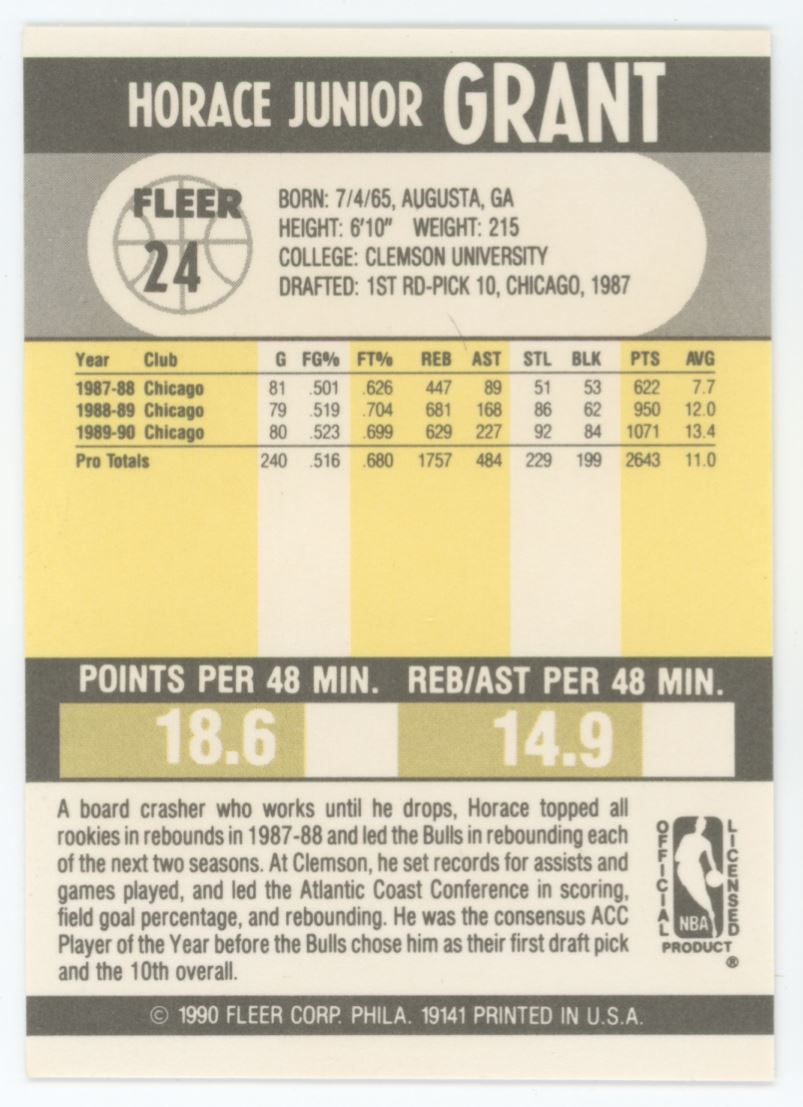 Horace Grant 1990 Fleer Card # 24