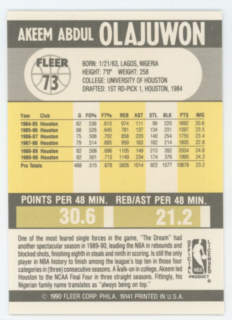 Akeem Olajuwon 1990 Fleer Card # 73