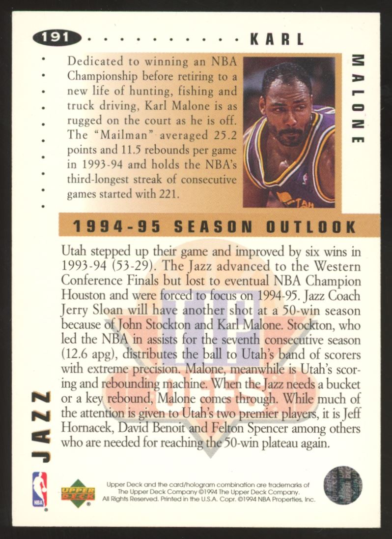 Karl Malone 1994 Collector's Choice French Gold Signatures Card # 191