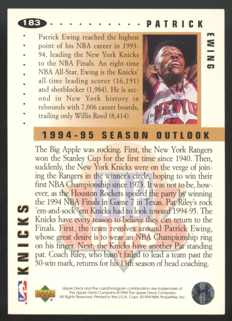 Patrick Ewing 1994 Collector's Choice Card # 183
