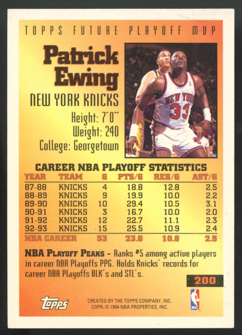 Patrick Ewing 1994 Topps Future Playoff Upper Deck Mvp Card # 200