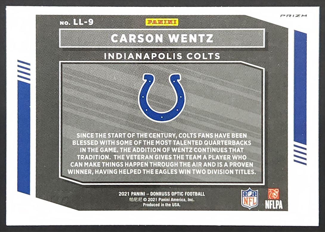 Carson Wentz Silver Prizm 2021 Donruss Optic Legendary Logos Card # LL-9