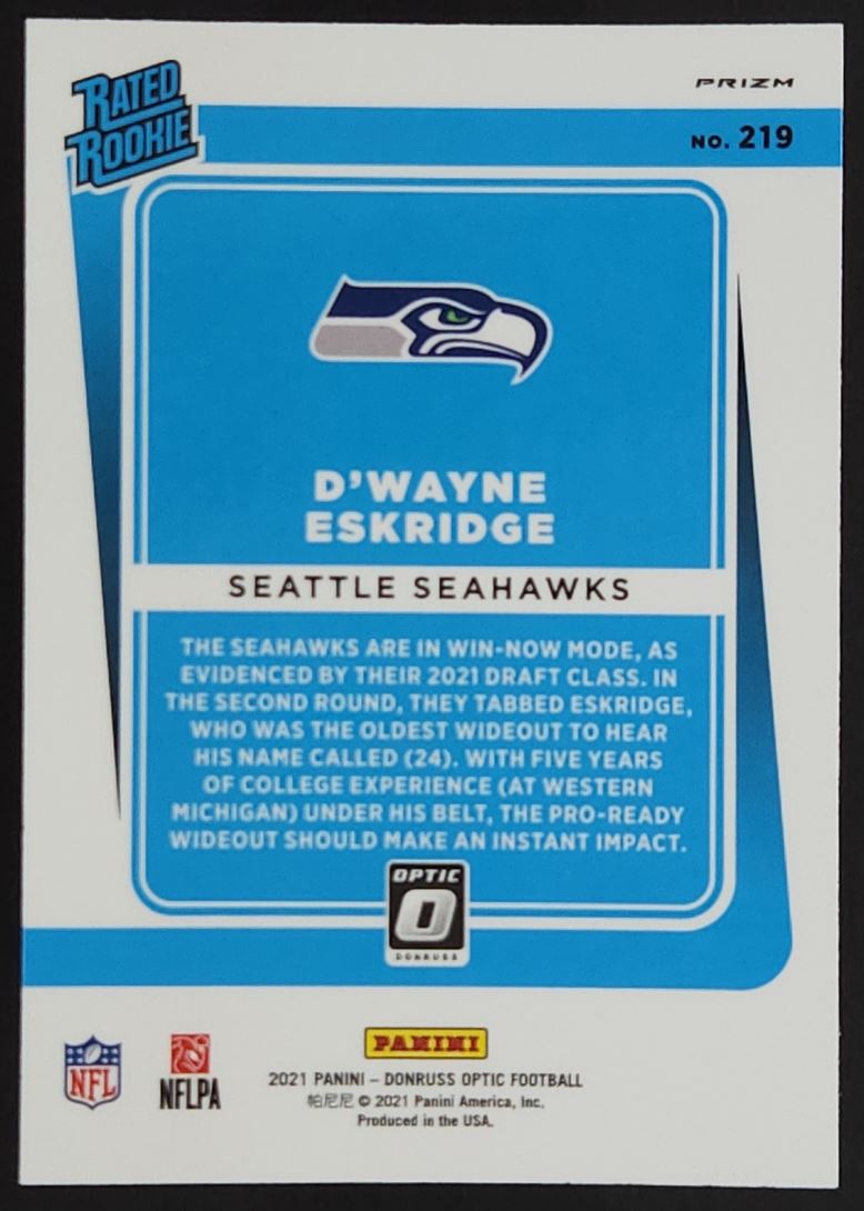 D'Wayne Eskridge Red Mojo 2021 Donruss Optic Rookie Card # 219