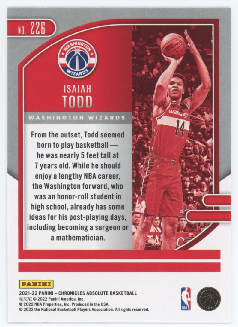 Isaiah Todd Absolute RC 2021 Panini Chronicles Card # 226