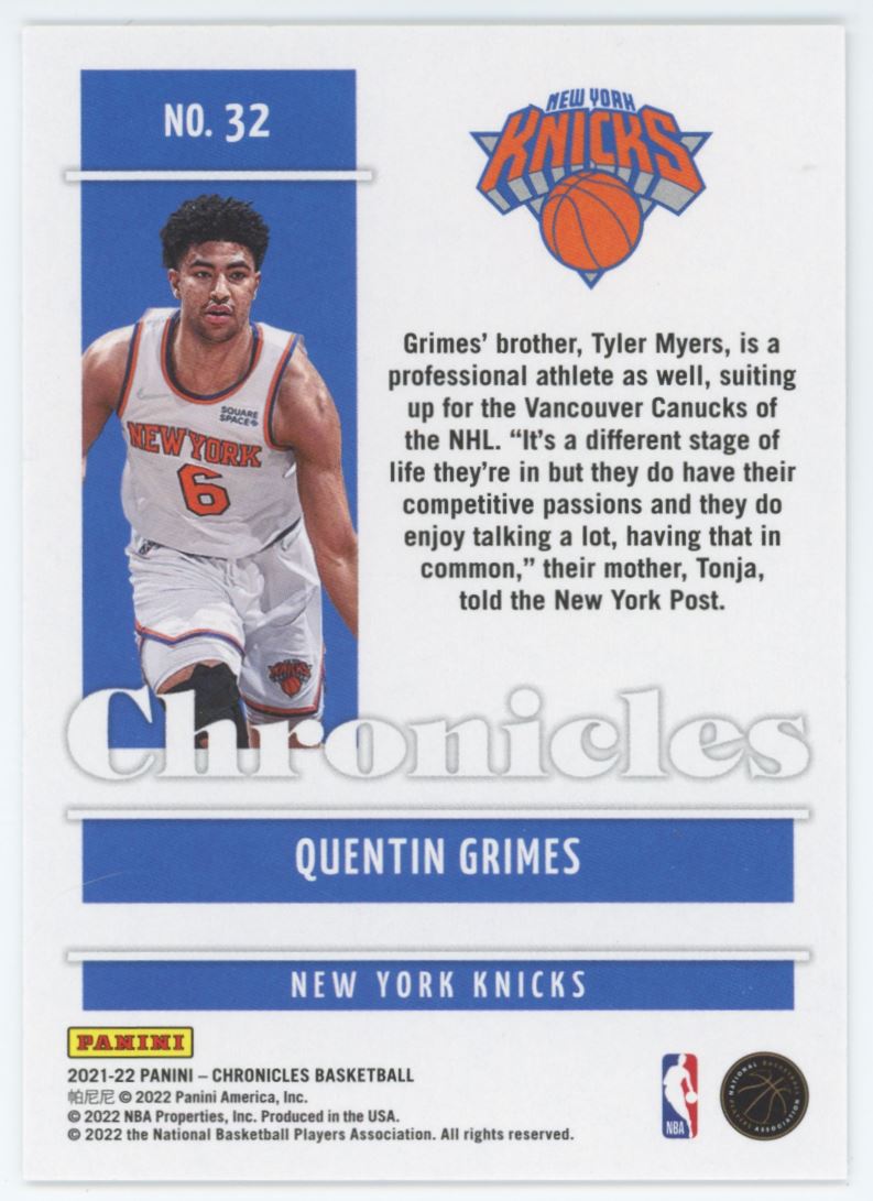 Quentin Grimes Base RC 2021 Panini Chronicles Card # 32