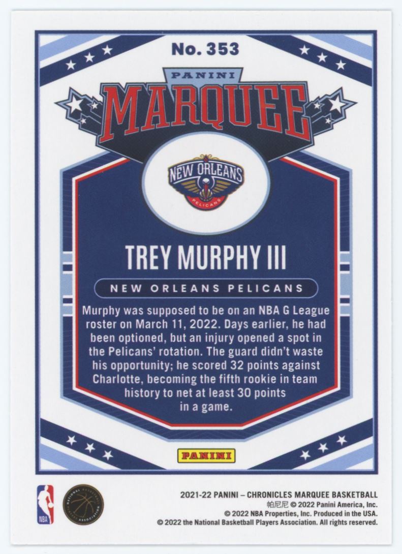 Trey Murphy III Marquee Holo RC 2021 Panini Chronicles Card # 353