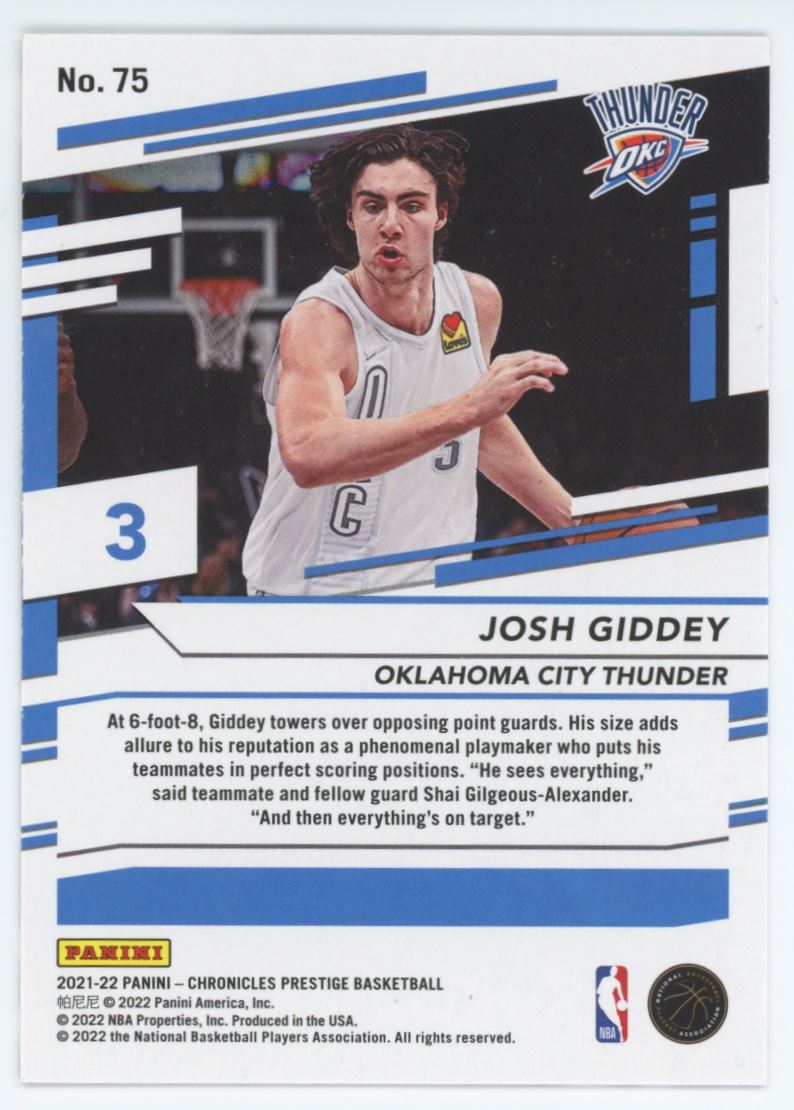 Josh Giddey Prestige RC 2021 Panini Chronicles Card # 75