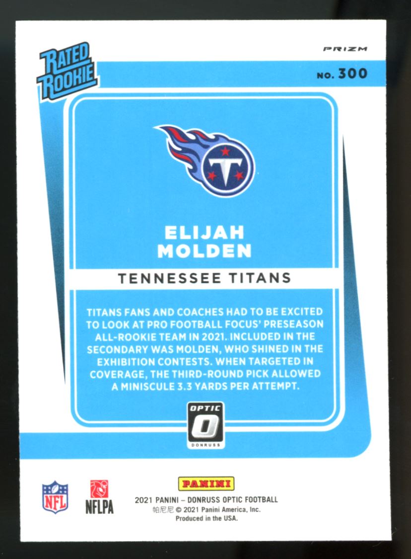 Elijah Molden Rated Rookie 2021 Panini Donruss Optic Blue Hyper Prizm Rookie Card # 300