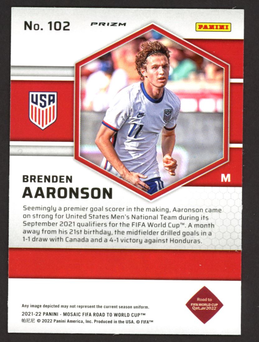 Brenden Aaronson Silver Prizm 2021 Panini Mosaic Road to FIFA World Cup Card # 102