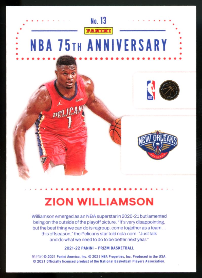 Zion Williams 2021 Panini Prizm 75th Anniversary Card # 13