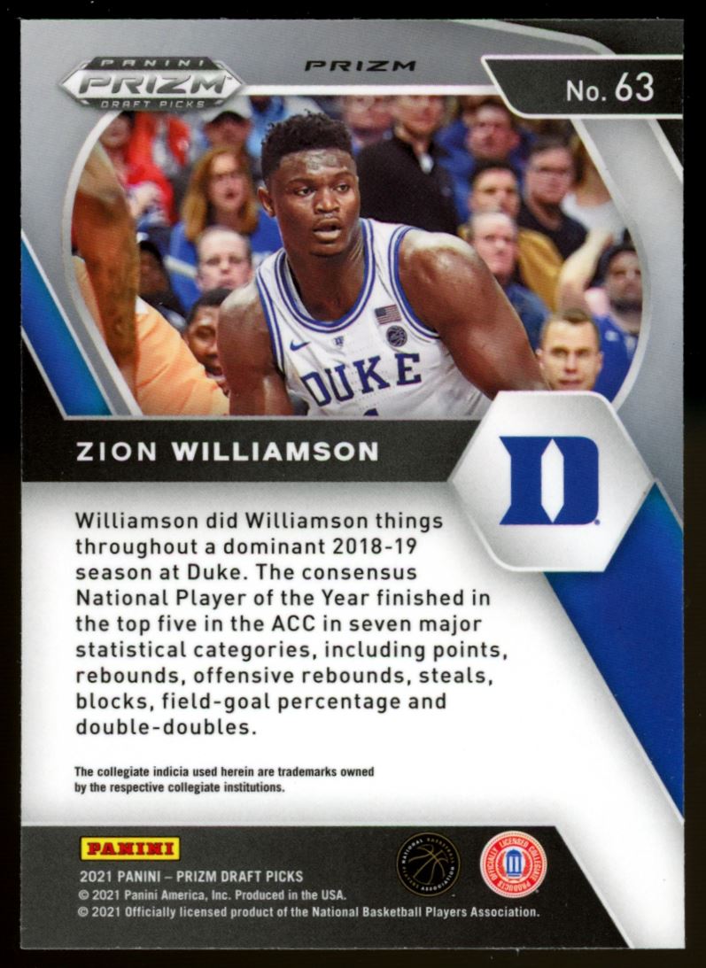 Zion Williamson Red White Blue Disco 2021 Panini Prizm Draft Picks Card # 63