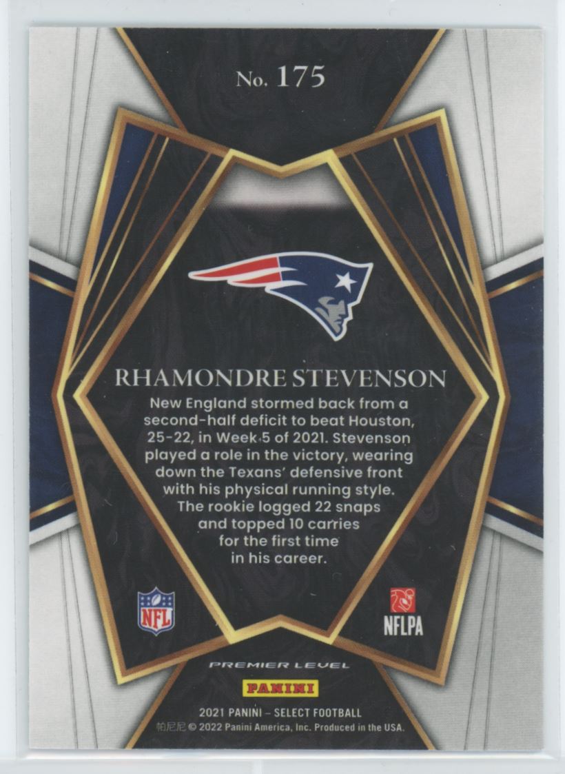 Rhamondre Stevenson Premier Level 2021 Panini Select Rookie Card # 175