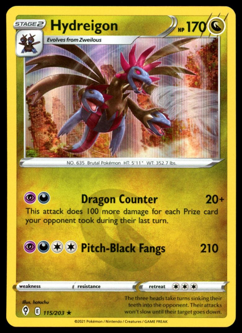 Hydreigon Rare Holo 2021 Sword & Shield - Evolving Skies Card # 115/20 VTC Hydreigon Rare Holo 2021 Sword & Shield - Evolving Skies Card # 115/20 VTC