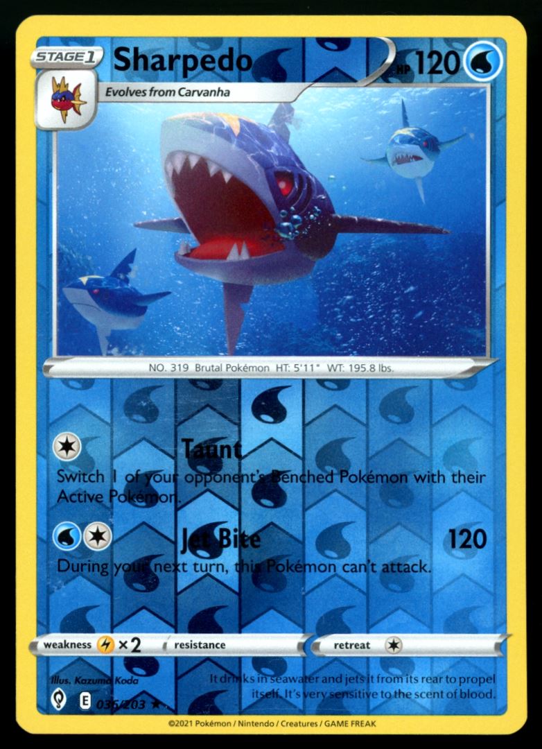 Sharpedo Rare Reverse Holo 2021 Sword & Shield - Evolving Skies Card # 036/203