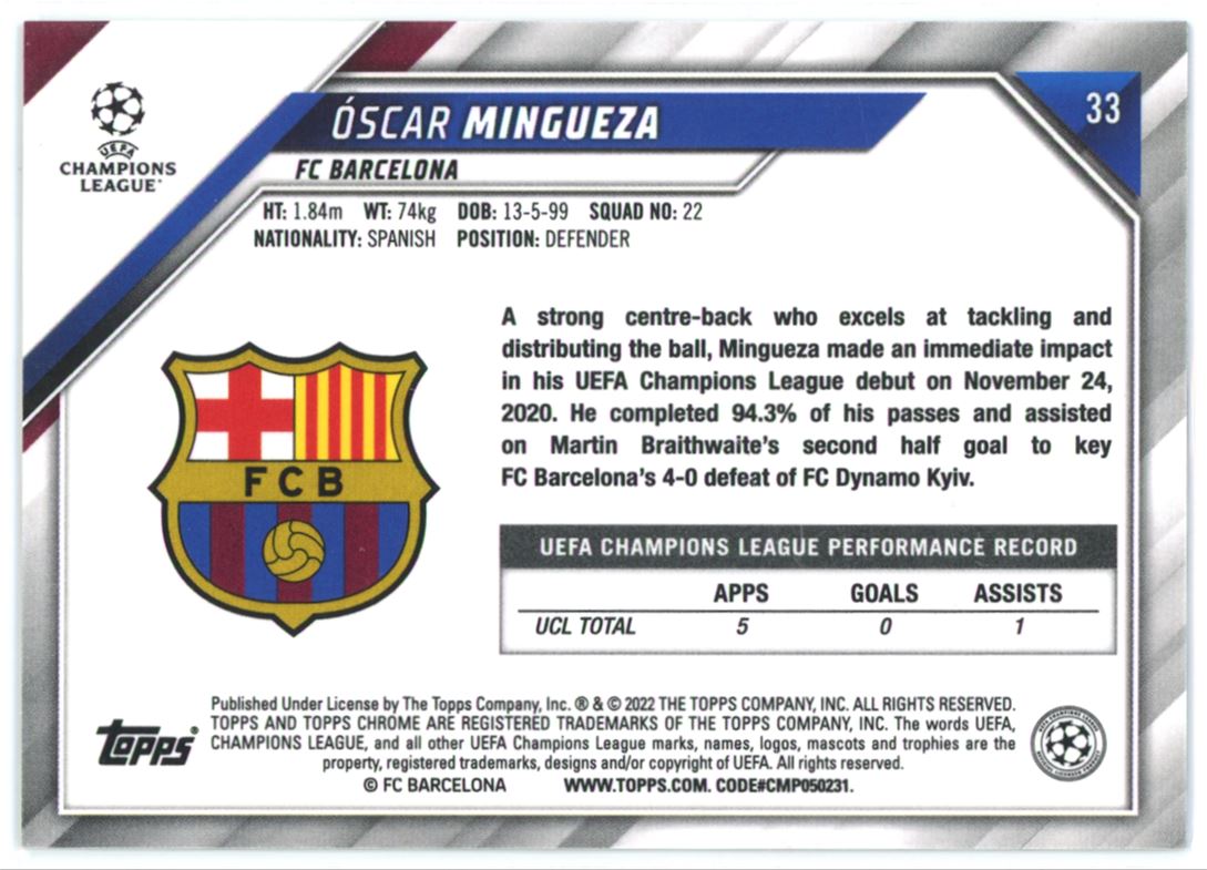 Oscar Mingueza Black and White Raywave 2021 Topps Chrome Champions League Rookie Card # 33