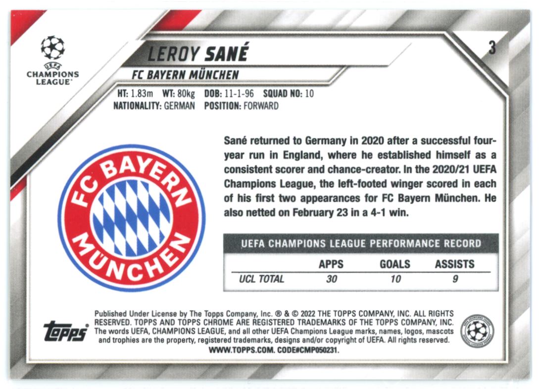 Leroy Sane Black and White Raywave 2021 Topps Chrome Champions League Card # 3
