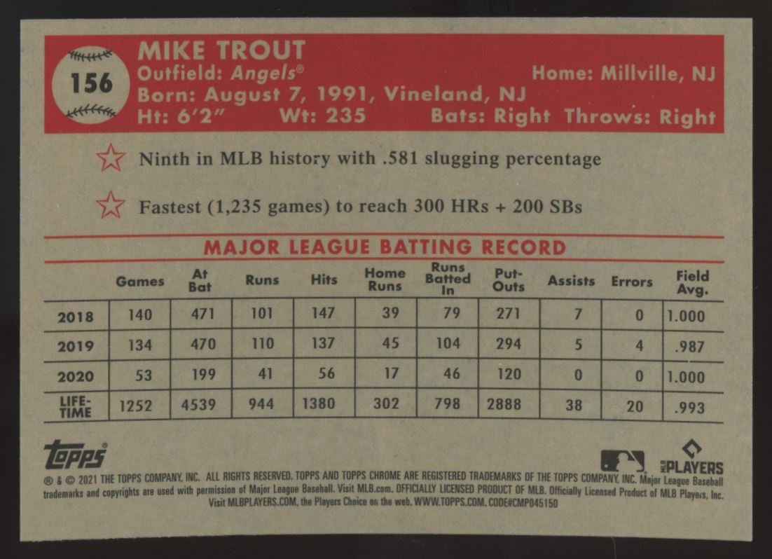 Mike Trout 2021 Topps Chrome Platinum Anniversary Card # 156