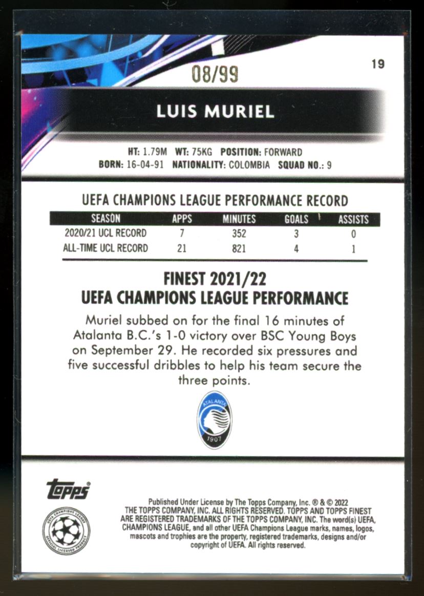 Luis Muriel /99 2021 Topps Finest UEFA Champions League Blue/Aqua Vaporwave Card # 19