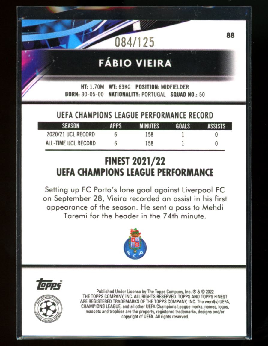 Fabio Vieira 084/125 2021 Topps Finest UEFA Champions League Pink Prism Card # 88