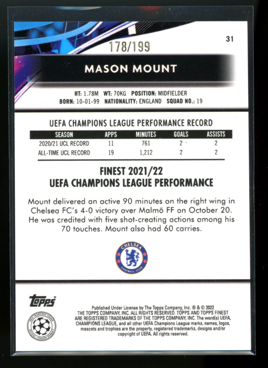 Mason Mount Raywave /199 2021 Topps Finest UEFA Champions League Card # 31