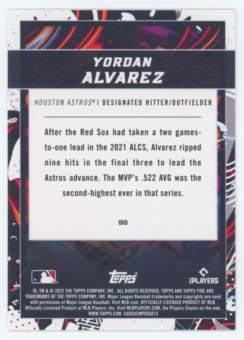 Yordan Alvarez Gold Minted 2021 Topps Fire Card # 96