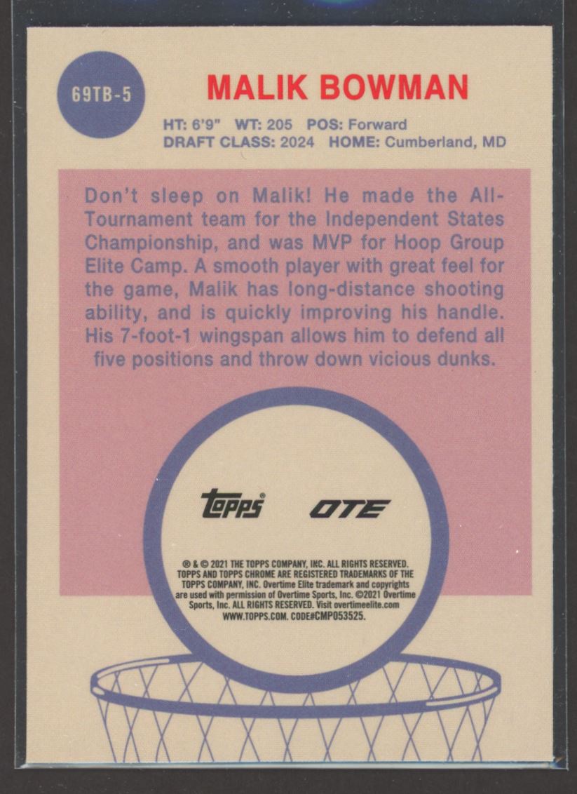 Malik Bowman 2021 Topps Now Overtime Elite Card # 69TB-5