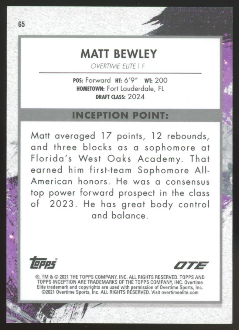 Matt Bewley 2021 Topps Overtime Elite Inception Rookie Card # 65