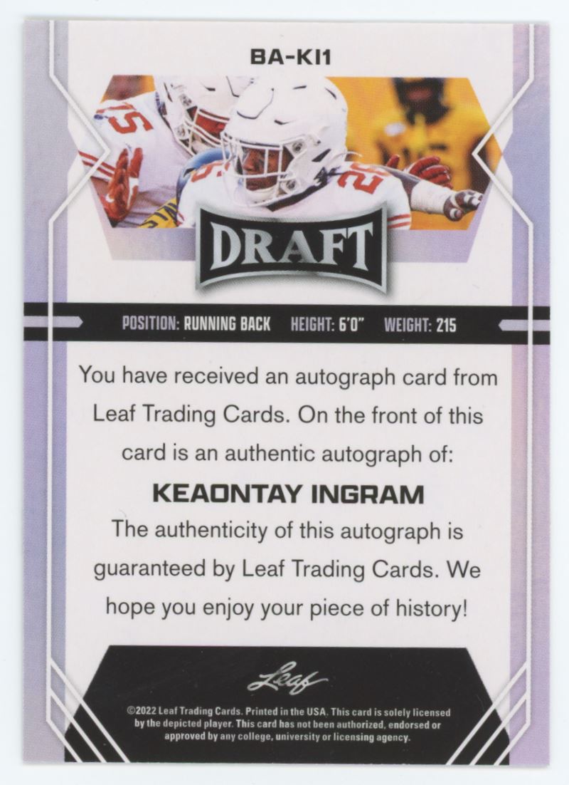 Keaontay Ingram 2022 Leaf Draft Autographs Rookie Autograph Card # BA-KI1