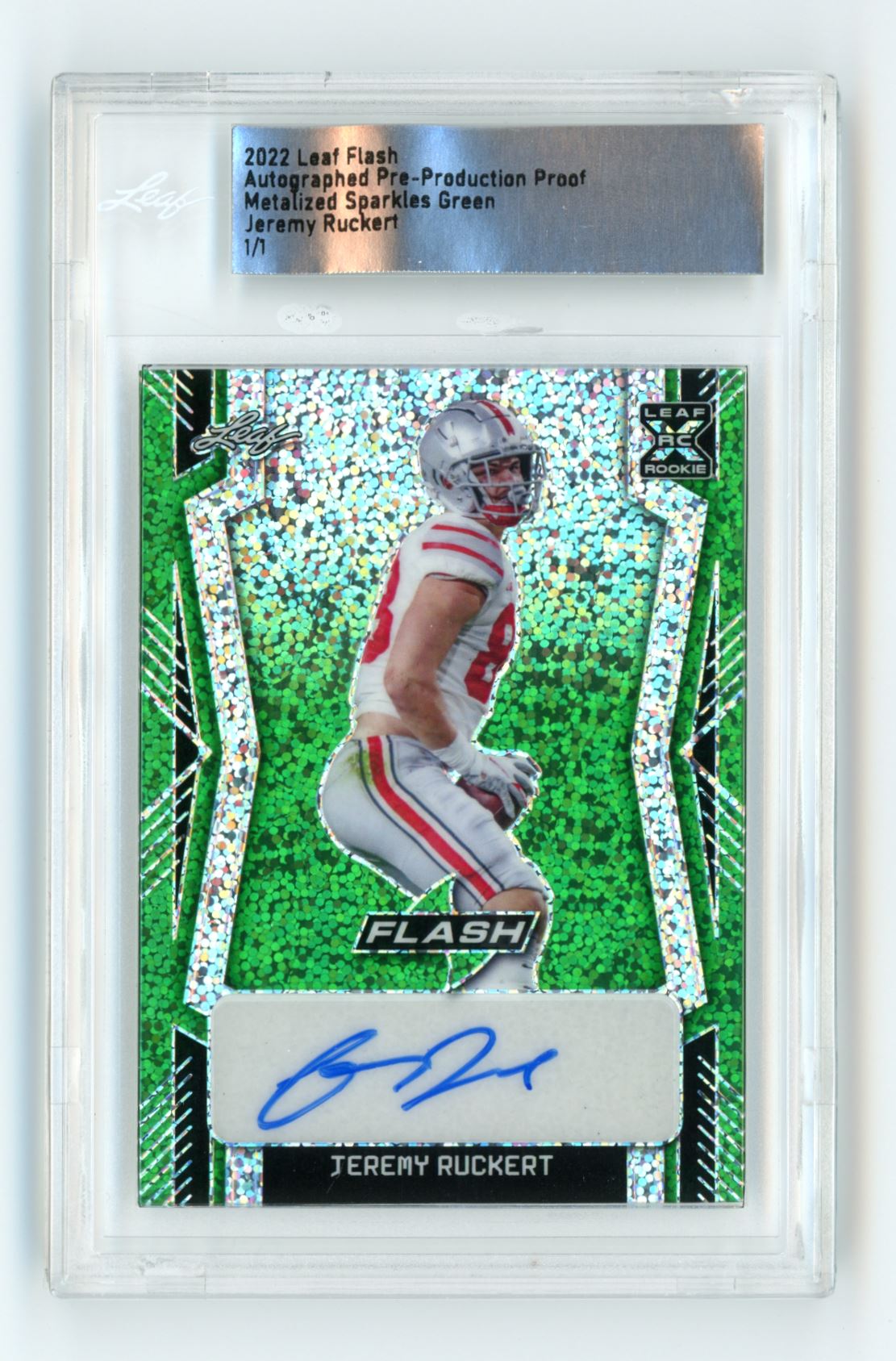 Jeremy Ruckert Metalized Sparkles Green 1/1 2022 Leaf Flash Football Rookie Card