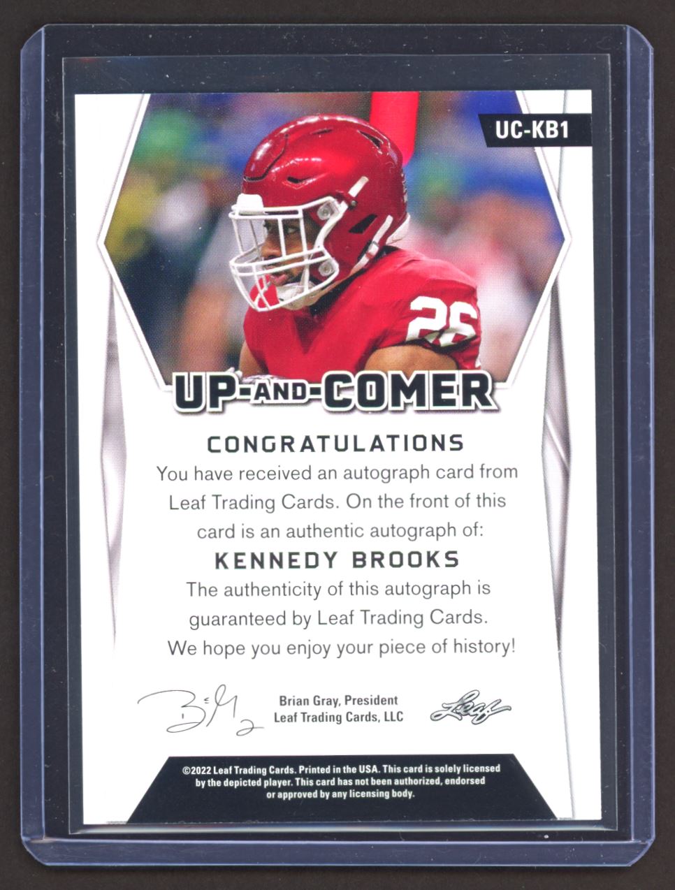 Kennedy Brooks 2022 Leaf Up and Comer Rookie Autograph Card # UC-KB1