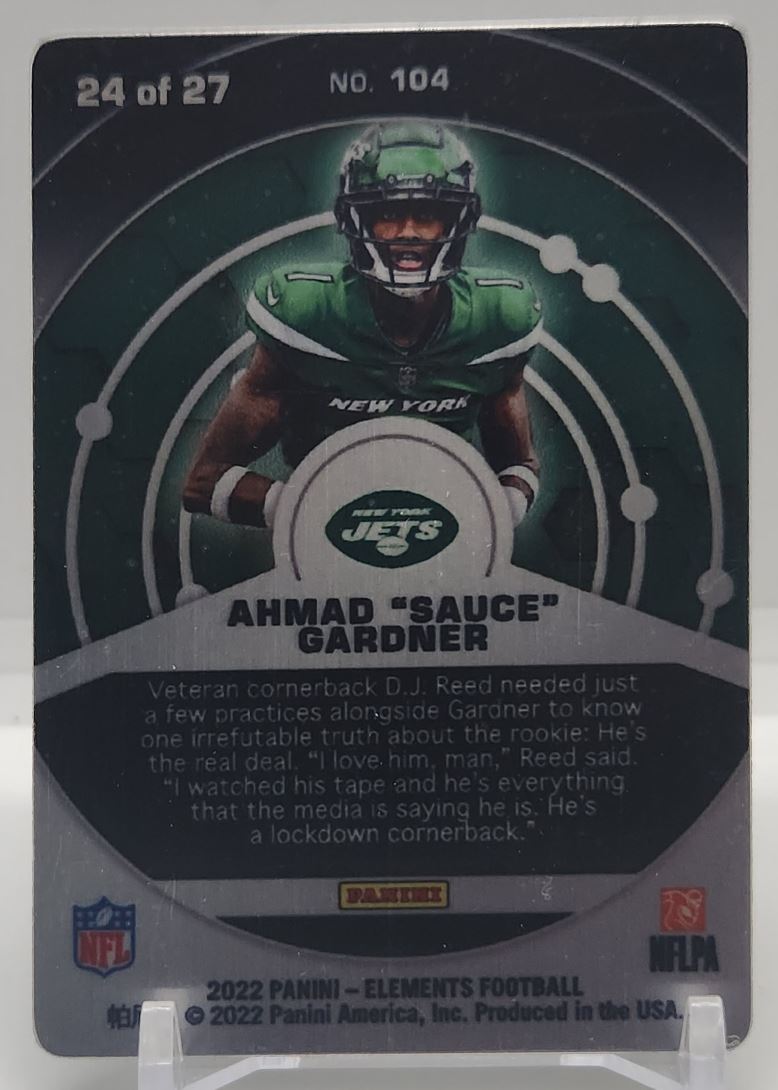 Ahmad Sauce Gardner 24/27 Metal 2022 Panini Elements Cobalt Rookie Card # 104