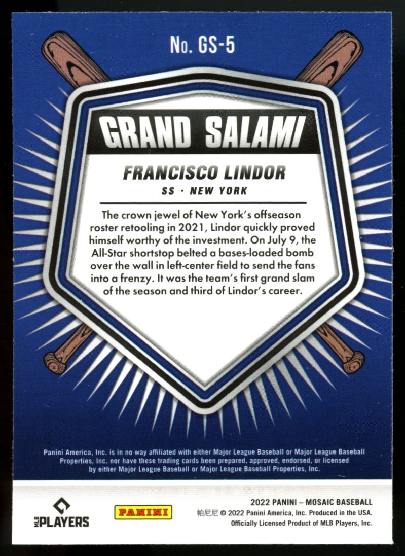 Francisco Lindor Grand Salami 2022 Panini Mosaic Baseball Card # GS-5