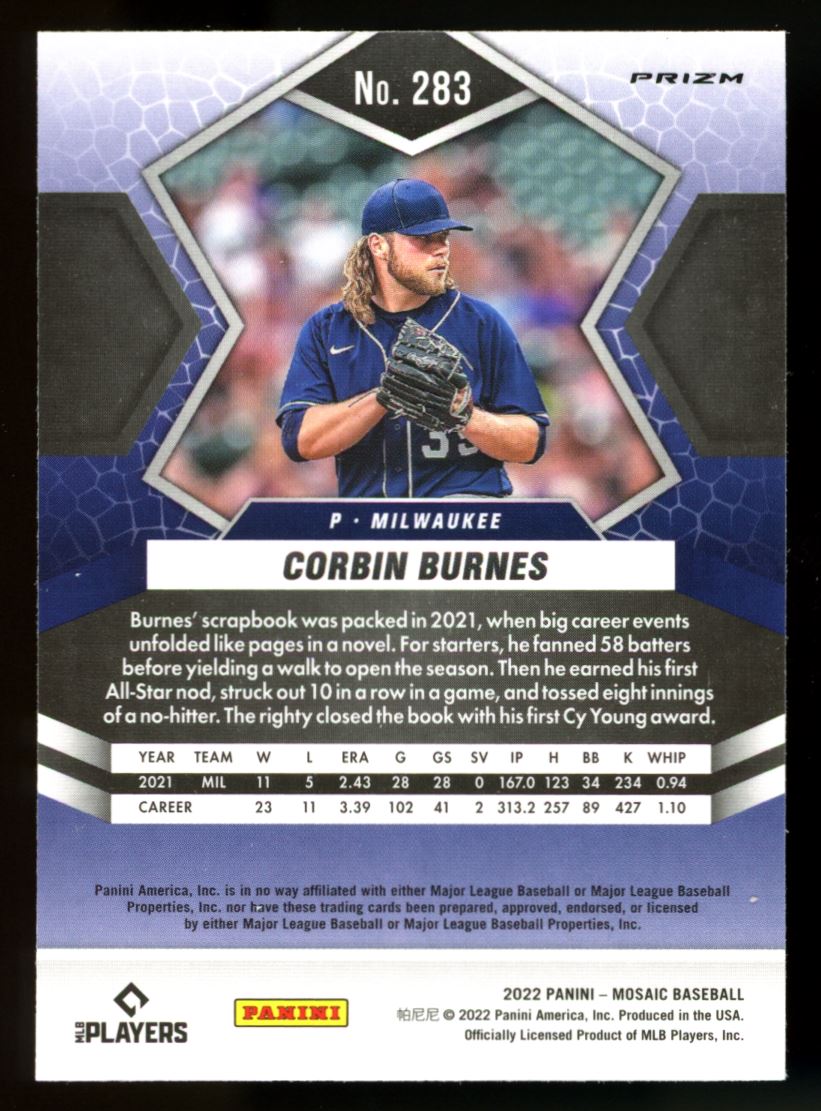 Corbin Burnes Green Prizm 2022 Panini Mosaic Baseball Card # 283
