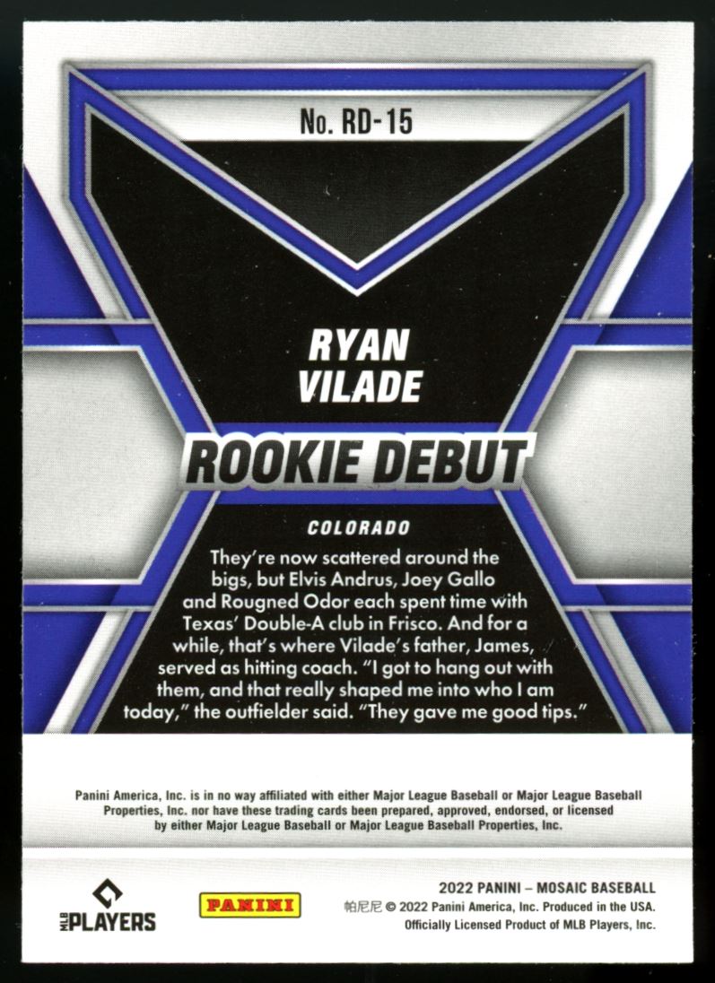 Ryan Vilade Rookie Debut 2022 Panini Mosaic Baseball Rookie Card # RD-15