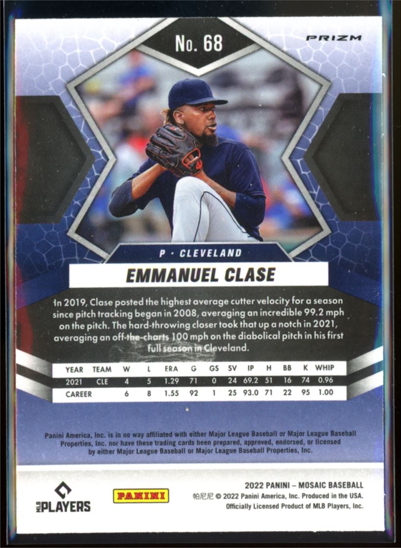 Emmanuel Clase Silver Prizm 2022 Panini Mosaic Baseball Card # 68