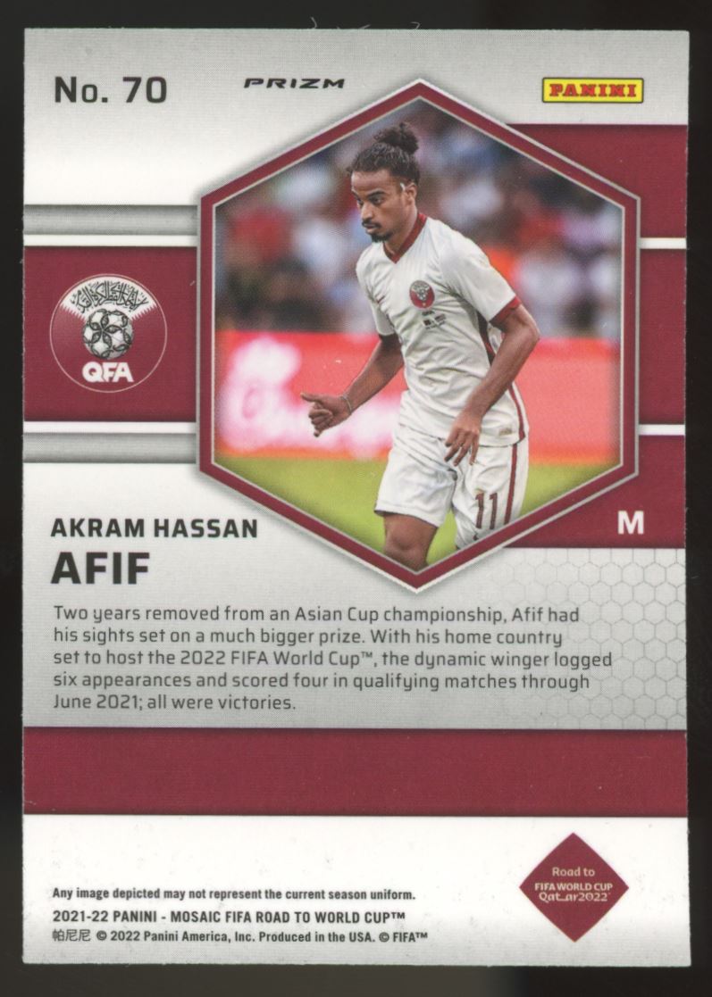 Akram Hassan Afif Silver Prizm 2022 Panini Mosaic Road to FIFA World Cup Qatar Rookie Card # 70