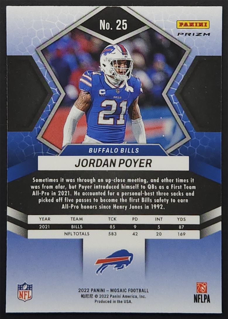 Jordan Poyer Pink Camo Prizm 2022 Panini Mosaic Card # 25