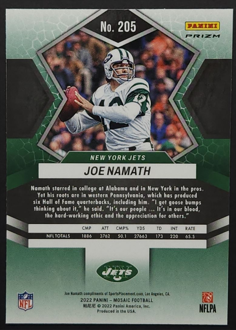 Joe Namath Reactive Orange Prizm 2022 Panini Mosaic Card # 205