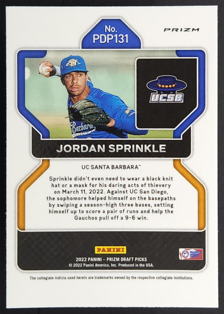 Jordan Sprinkle Silver Prizm 2022 Panini Prizm Draft Picks Card # PDP131