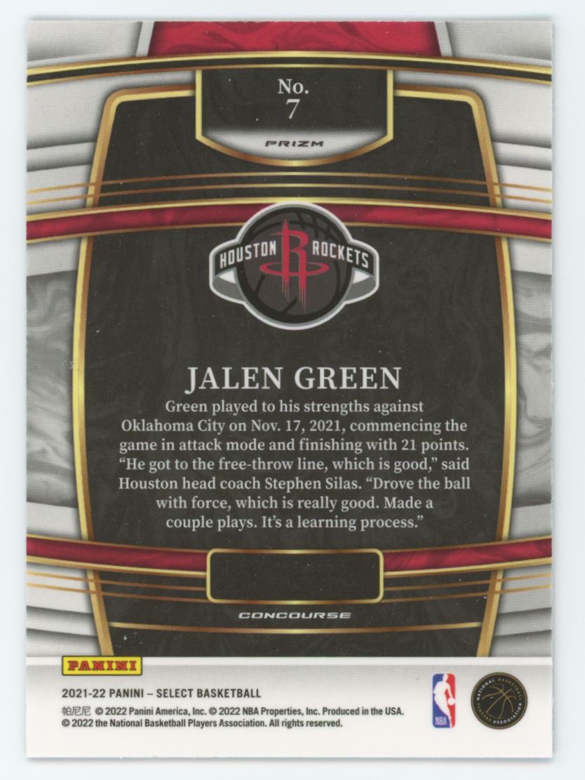 Jalen Green Concourse Level Prizm 2022 Panini Select Basketball Rookie Card # 7
