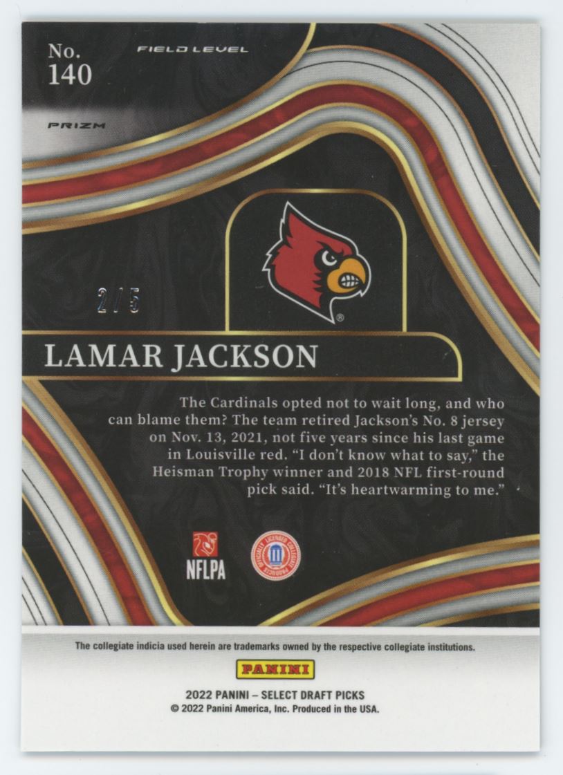 Lamar Jackson Prizm 2/5 Field Level 2022 Panini Select Draft Picks Card # 140