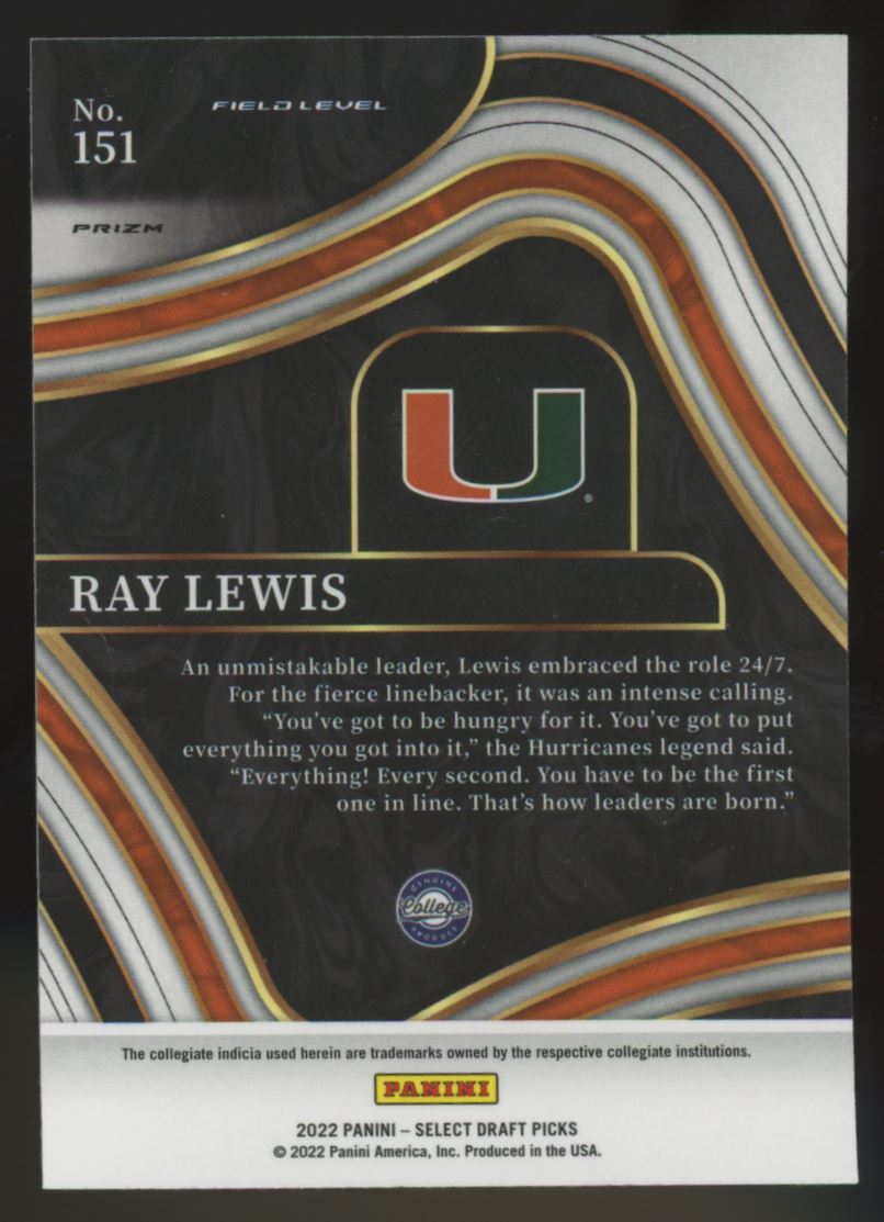Ray Lewis Silver Prizm Field Level 2022 Panini Select Draft Picks Card # 151