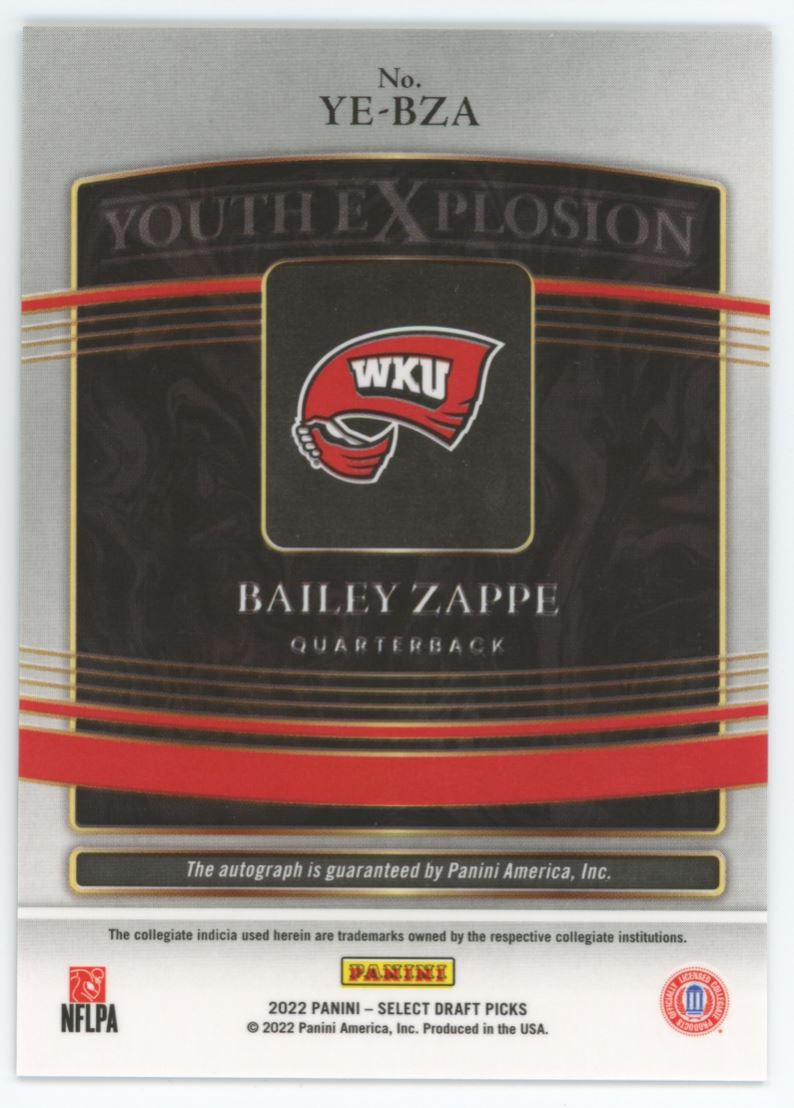 Bailey Zappe Youth Explosion 2022 Panini Select Draft Picks Autograph Card # YE-BZA