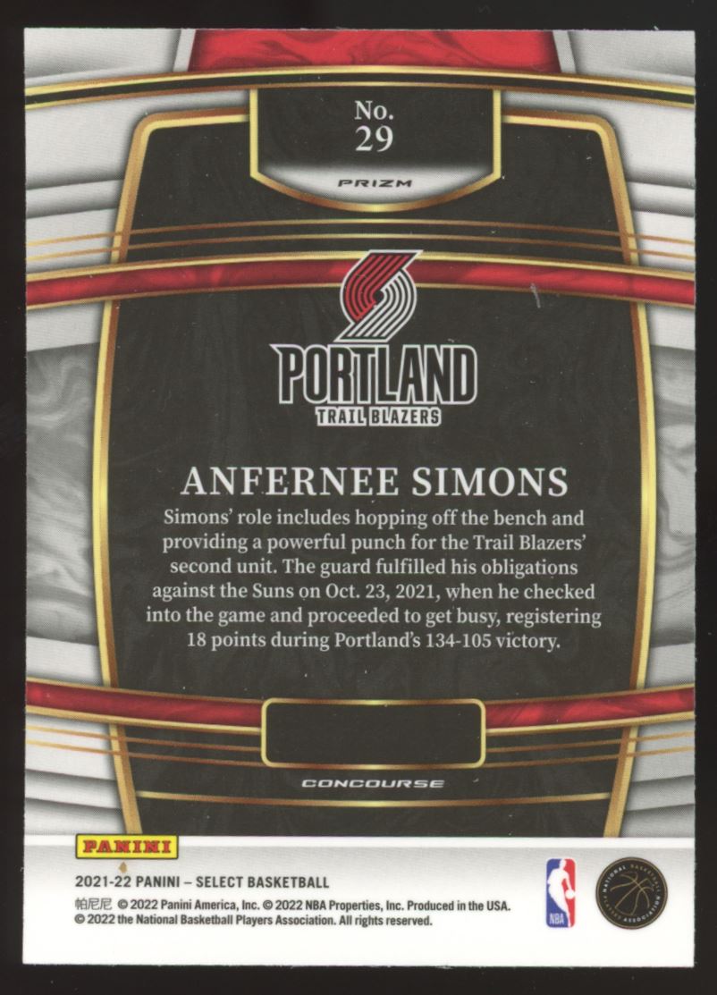 Anfernee Simons Green and Purprle Prizm 2022 Panini Select Card # 66