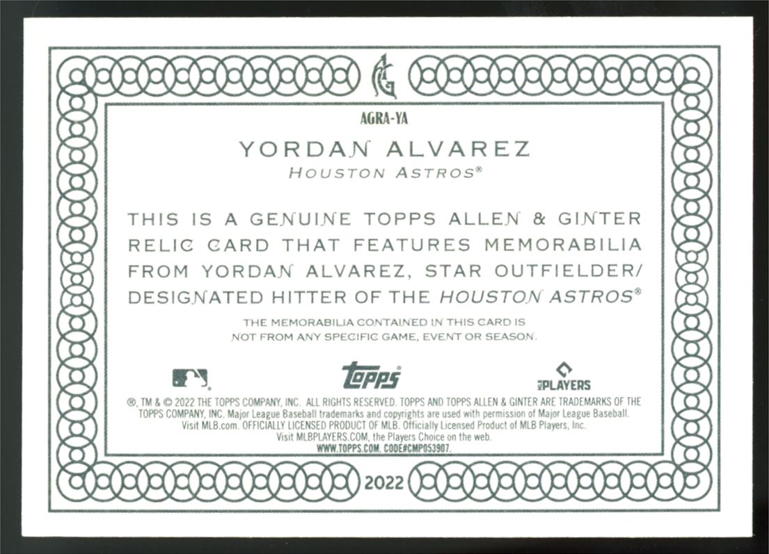 Yordan Alvarez Game Used Mem- Patch 2022 Topps Allen & Ginter Card # AGRA-YA