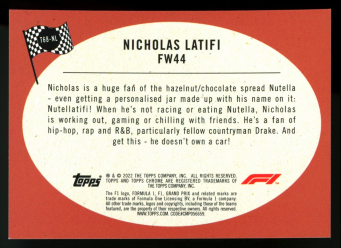 Nicholas Latifi Silver Refractor 2022 Topps Chrome Formula 1 F1 Racer Card # T68-NL