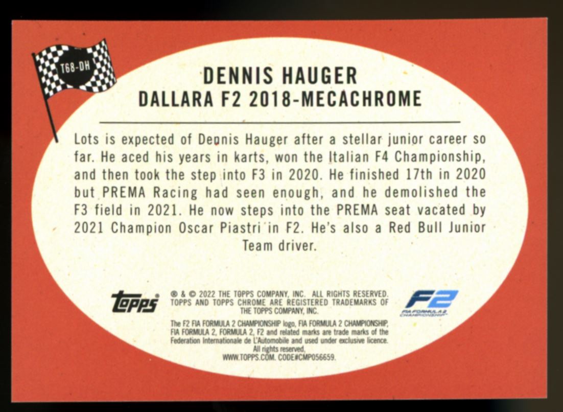 Dennis Hauger Silver Refractor 2022 Topps Chrome Formula 1 F2 Racer Card # T68-DH