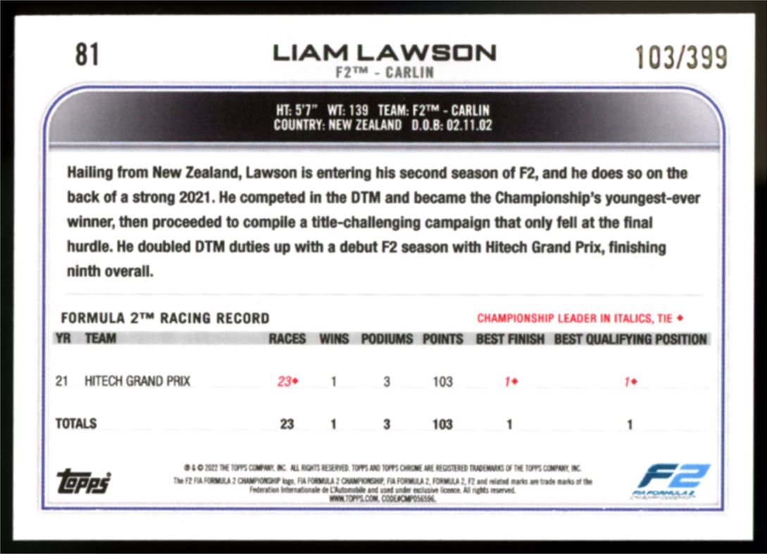 Liam Lawson Purple /399 2022 Topps Chrome Formula 1 Future Stars Card # 81