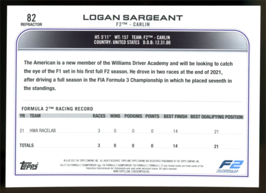 Logan Sargeant Silver Refractor 2022 Topps Chrome Formula 1 Future Stars Card # 82
